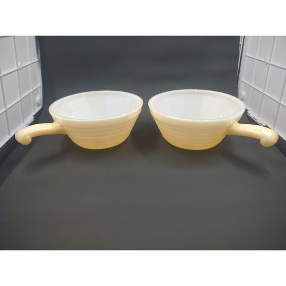 Vintage Fire King Bee Hive Handled Peach Luster Soup Bowl Oven Ware Set Of 3 - Picture 2 of 13